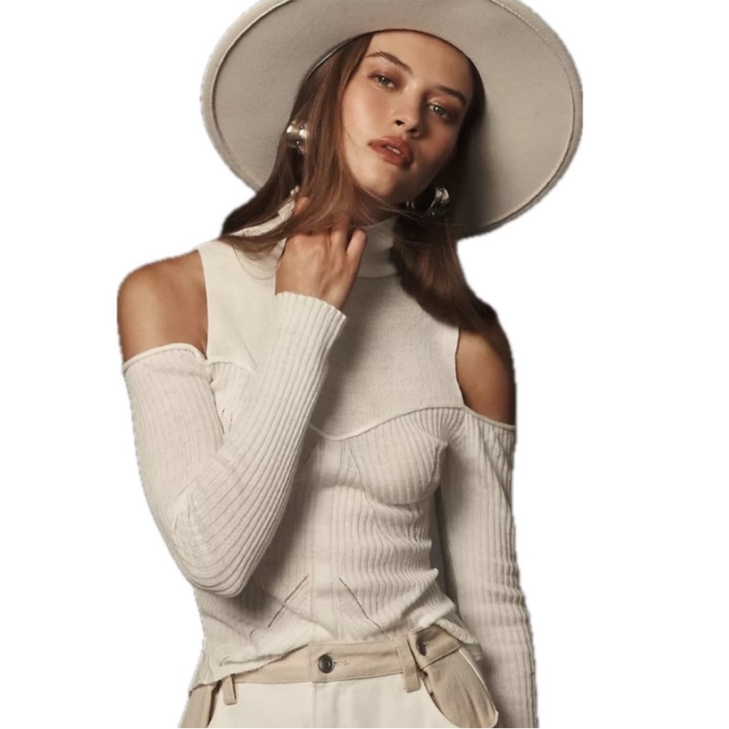 Anthropologie Cream Off-The-Shoulder Ribbed Sweater